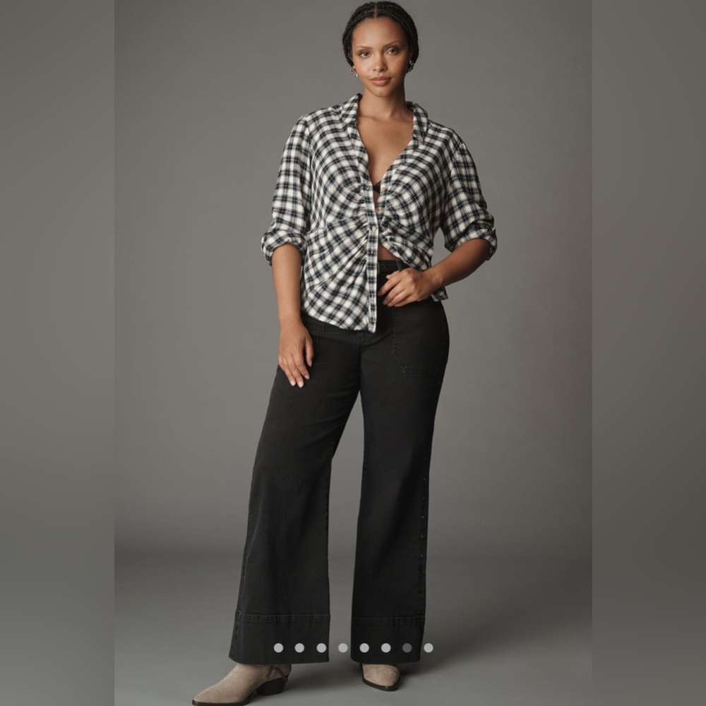 Anthropologie The Keaton Ruched Collared Blouse by Pilcro in Plaid NEW - Picture 7 of 10